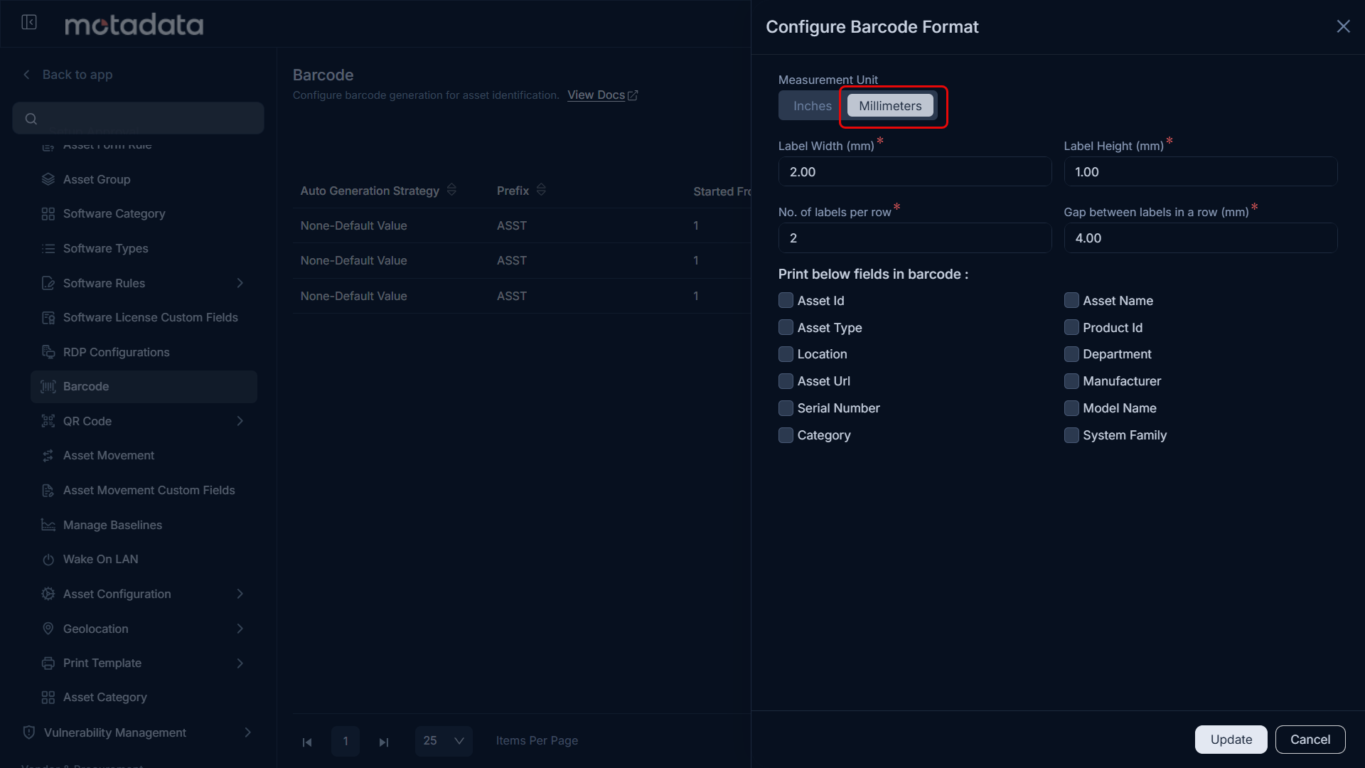Configure Barcode Format panel with the Measurement Unit set to Millimeters and label dimensions entered in mm