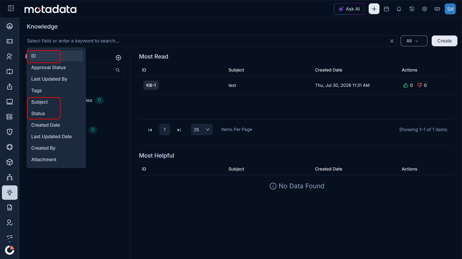 Knowledge module search with the expanded list of searchable fields including ID, Subject, and Status